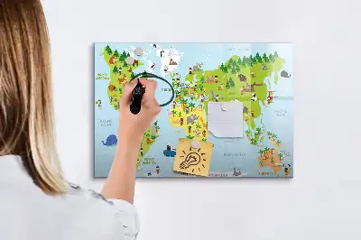Pizarra de cristal con diseño de mapa cultural del mundo con borrado en seco y superficie magnética