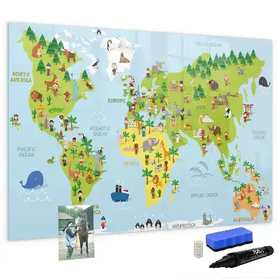 Pizarra de cristal con diseño de mapa cultural del mundo con borrado en seco y superficie magnética
