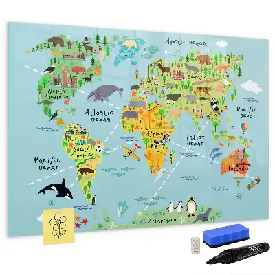 Mapa del mundo con animales pizarra magnética de pared con rotulador