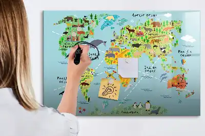 Mapa del mundo con animales pizarra magnética de pared con rotulador
