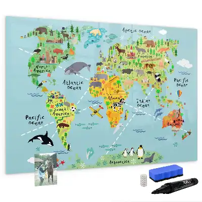 Mapa del mundo con animales pizarra magnética de pared con rotulador