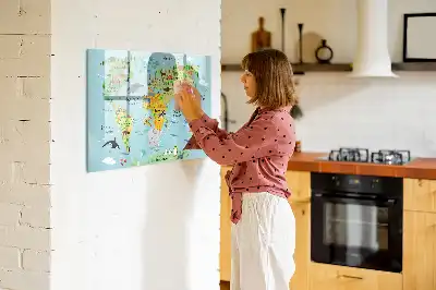 Mapa del mundo con animales pizarra magnética de pared con rotulador