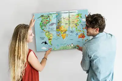 Mapa del mundo con animales pizarra magnética de pared con rotulador