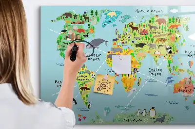 Mapa del mundo con animales pizarra magnética de pared con rotulador