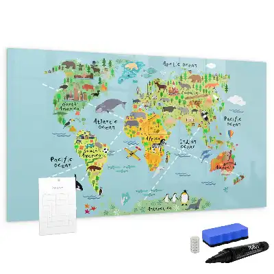 Mapa del mundo con animales pizarra magnética de pared con rotulador