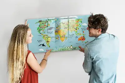 Mapa del mundo con animales pizarra magnética de pared con rotulador