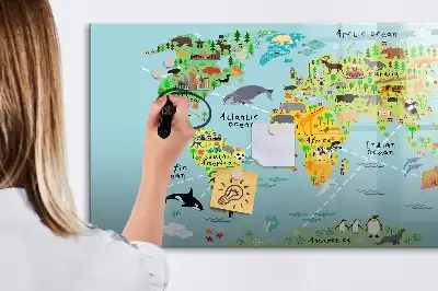 Mapa del mundo con animales pizarra magnética de pared con rotulador