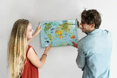 Mapa del mundo con animales pizarra magnética de pared con rotulador