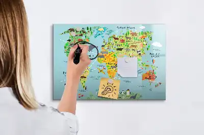 Mapa del mundo con animales pizarra magnética de pared con rotulador