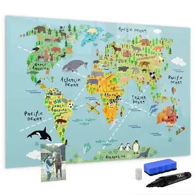Mapa del mundo con animales pizarra magnética de pared con rotulador