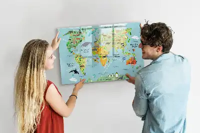 Mapa del mundo con animales pizarra magnética de pared con rotulador