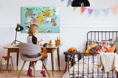 Mapa del mundo con animales pizarra magnética de pared con rotulador