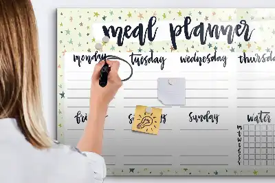 Pizarra borrable de cristal con imanes diseño de menú semanal estelar