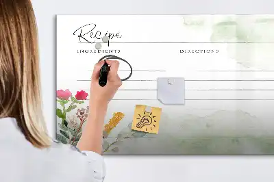 Pizarra de cristal borrable con imanes diseño decorativo para recetas