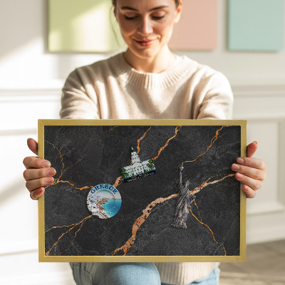 Pizarra magnética con marco dorado Mármol oscuro decorado