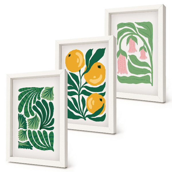 Tríptico enmarcado Diseños minimalistas de plantas con frutas y hojas.
