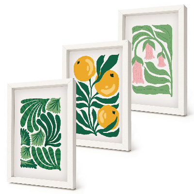 Tríptico enmarcado Diseños minimalistas de plantas con frutas y hojas.