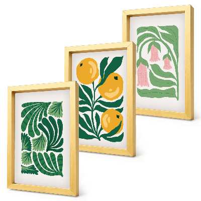 Tríptico enmarcado Diseños minimalistas de plantas con frutas y hojas.