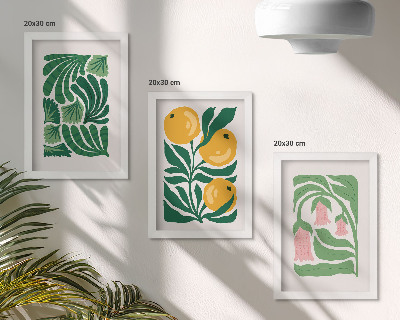 Tríptico enmarcado Diseños minimalistas de plantas con frutas y hojas.
