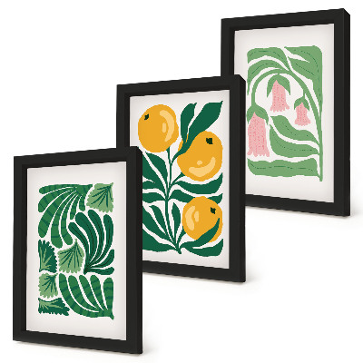 Tríptico enmarcado Diseños minimalistas de plantas con frutas y hojas.