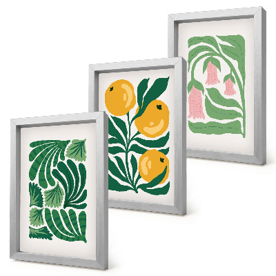 Tríptico enmarcado Diseños minimalistas de plantas con frutas y hojas.