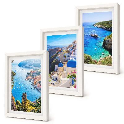 Juego de 3 cuadros decorativos Vistas de la costa griega y la ciudad de Oia en Santorini.
