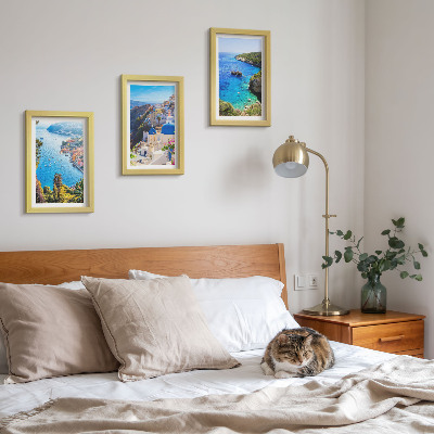 Juego de 3 cuadros decorativos Vistas de la costa griega y la ciudad de Oia en Santorini.