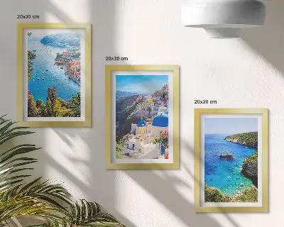 Juego de 3 cuadros decorativos con vistas de la costa griega y la ciudad de Oia en Santorini