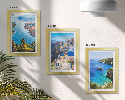 Juego de 3 cuadros decorativos Vistas de la costa griega y la ciudad de Oia en Santorini.