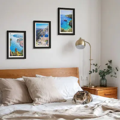 Juego de 3 cuadros decorativos con vistas de la costa griega y la ciudad de Oia en Santorini
