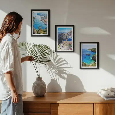 Juego de 3 cuadros decorativos con vistas de la costa griega y la ciudad de Oia en Santorini
