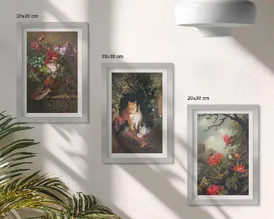 Tríptico enmarcado de flores antiguas, gatos y plantas en la naturaleza
