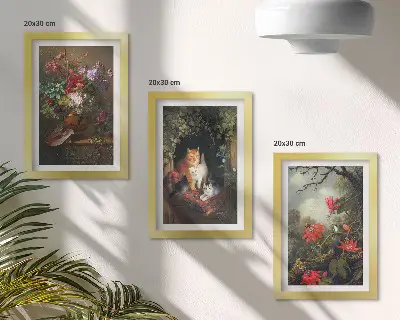 Tríptico enmarcado de flores antiguas, gatos y plantas en la naturaleza