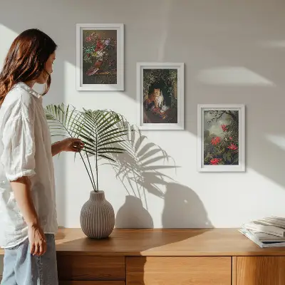Tríptico enmarcado de flores antiguas, gatos y plantas en la naturaleza