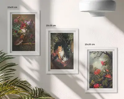 Tríptico enmarcado de flores antiguas, gatos y plantas en la naturaleza