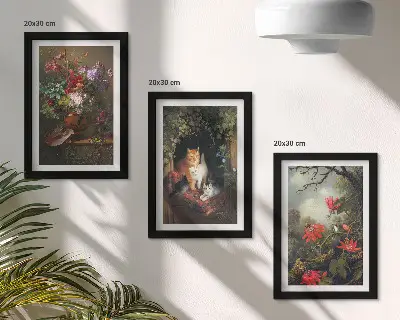 Tríptico enmarcado de flores antiguas, gatos y plantas en la naturaleza