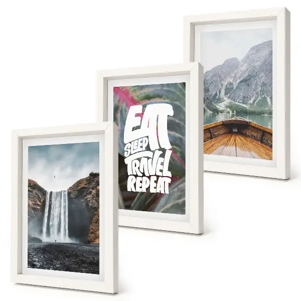 Juego de 3 cuadros decorativos con paisajes de cascadas de montaña, naturaleza, barcos y vegetación