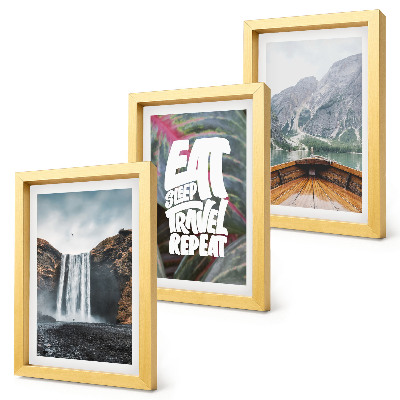 Juego de 3 cuadros decorativos Cascadas de montaña, viaje por la naturaleza, barco y vegetación.