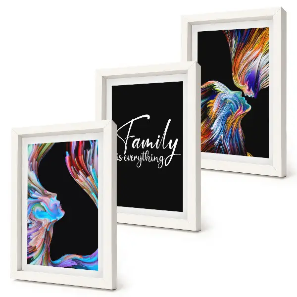 Juego de 3 cuadros decorativos con retratos de personas, diseños coloridos y una inscripción sobre la familia