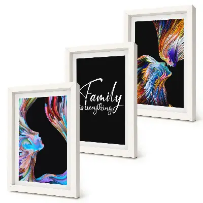 Juego de 3 cuadros decorativos con retratos de personas, diseños coloridos y una inscripción sobre la familia