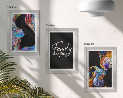 Juego de 3 cuadros decorativos Retratos de personas con coloridos diseños y una inscripción sobre la familia.