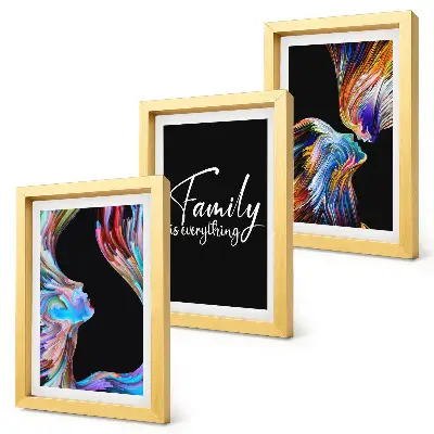 Juego de 3 cuadros decorativos con retratos de personas, diseños coloridos y una inscripción sobre la familia