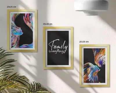 Juego de 3 cuadros decorativos con retratos de personas, diseños coloridos y una inscripción sobre la familia