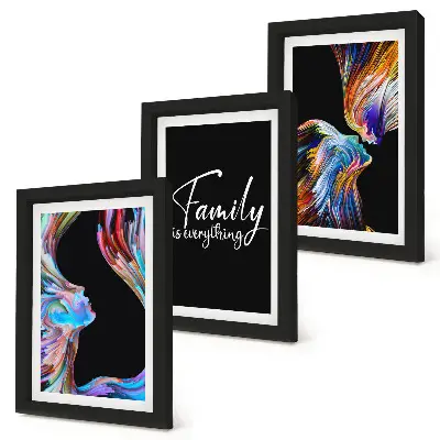 Juego de 3 cuadros decorativos con retratos de personas, diseños coloridos y una inscripción sobre la familia