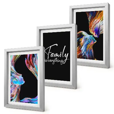 Juego de 3 cuadros decorativos con retratos de personas, diseños coloridos y una inscripción sobre la familia
