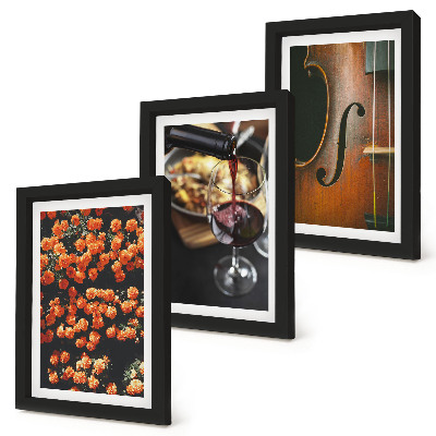Juego de 3 cuadros decorativos Flores románticas vintage, vino y violín