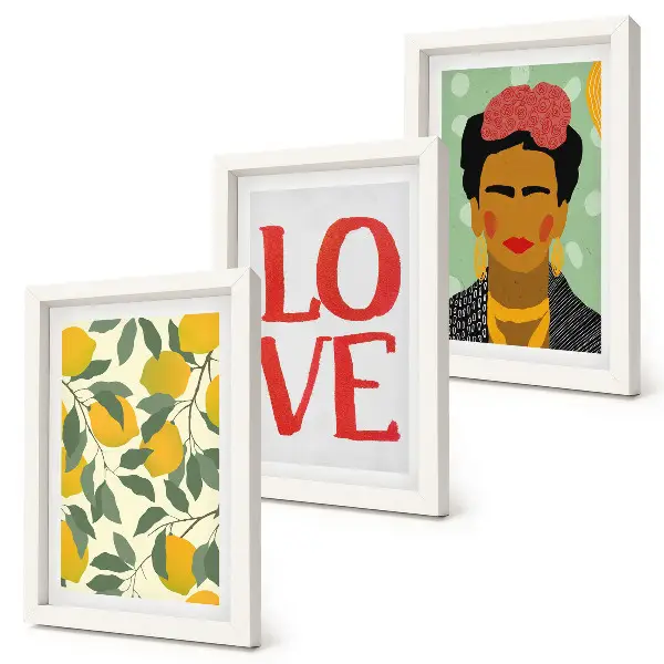 Tríptico de Frida Kahlo con limones y la inscripción AMOR enmarcado