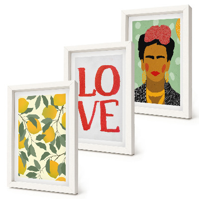 Tríptico enmarcado Limones con la inscripción AMOR, retrato pintado de Frida Kahlo.