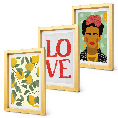 Tríptico enmarcado Limones con la inscripción AMOR, retrato pintado de Frida Kahlo.