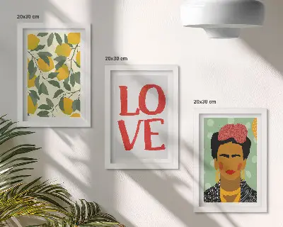 Tríptico de Frida Kahlo con limones y la inscripción AMOR enmarcado